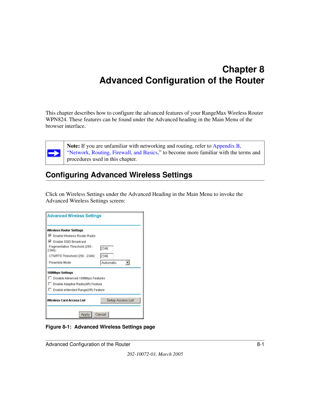 NETGEAR WPN824 manual Advanced Configuration of the Router, Configuring Advanced Wireless Settings 