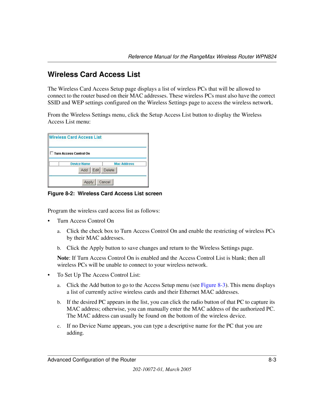 NETGEAR WPN824 manual Wireless Card Access List screen 