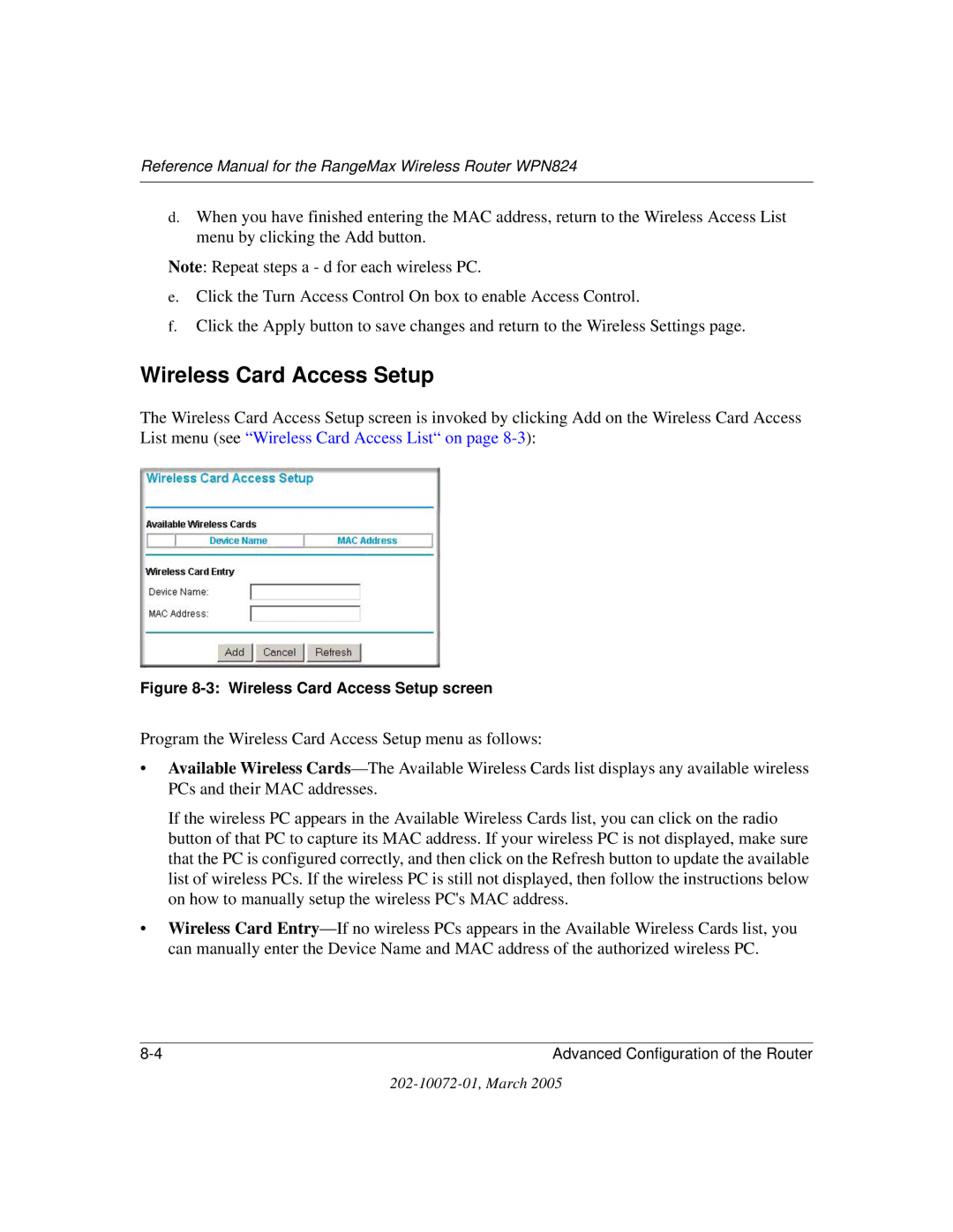 NETGEAR WPN824 manual Wireless Card Access Setup screen 