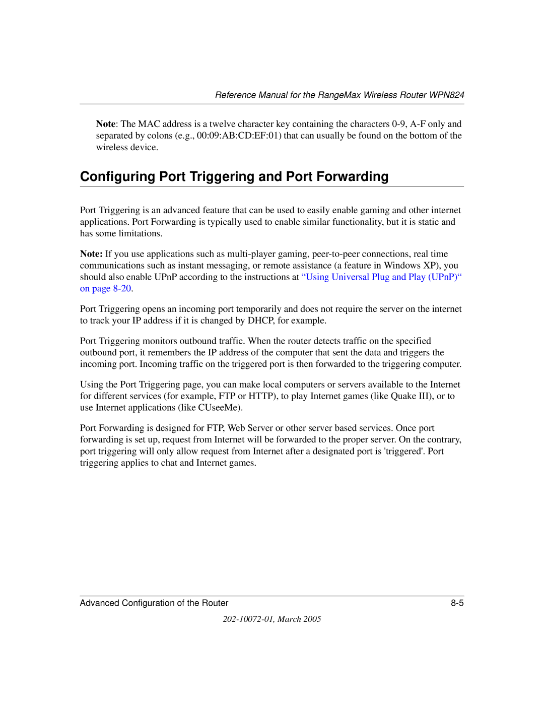 NETGEAR WPN824 manual Configuring Port Triggering and Port Forwarding 