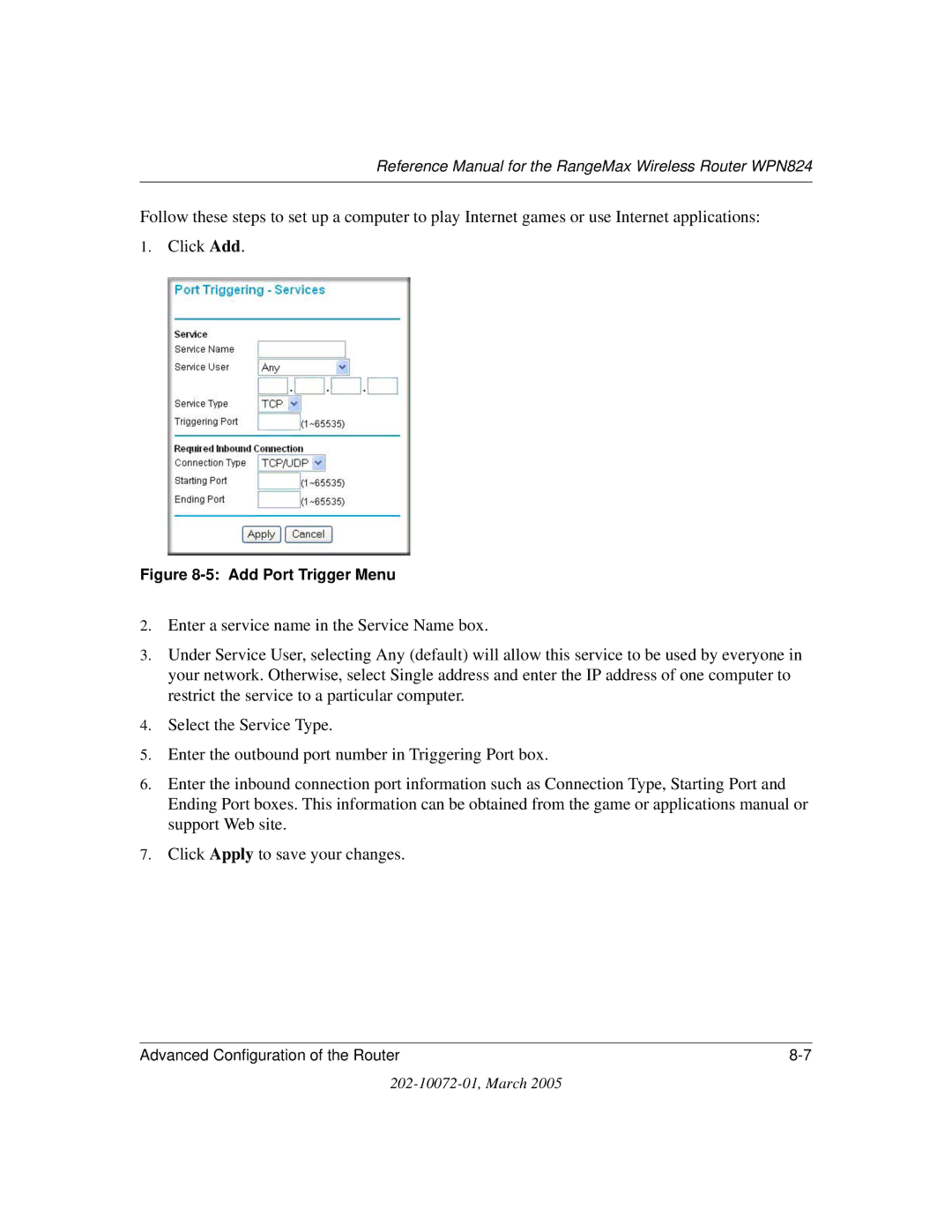 NETGEAR WPN824 manual Add Port Trigger Menu 