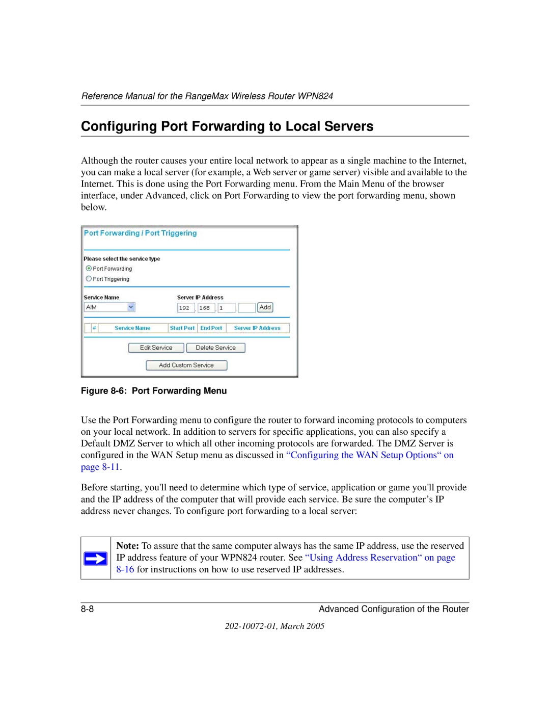 NETGEAR WPN824 manual Configuring Port Forwarding to Local Servers, Port Forwarding Menu 