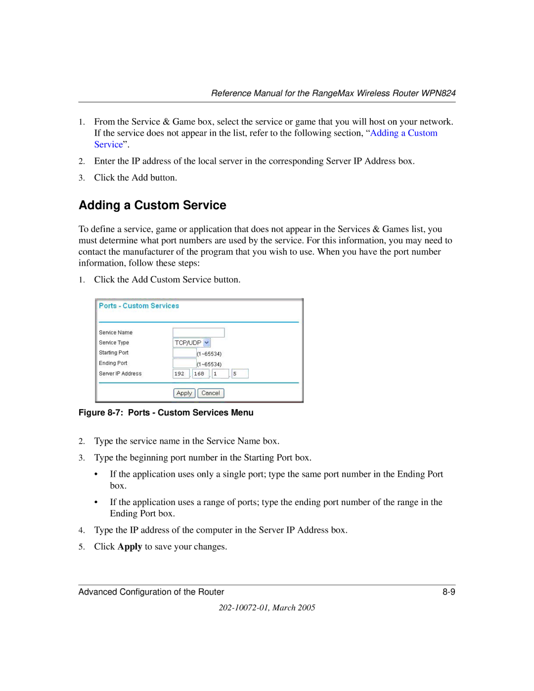 NETGEAR WPN824 manual Adding a Custom Service, Ports Custom Services Menu 