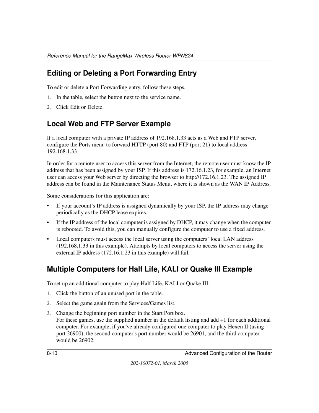 NETGEAR WPN824 manual Editing or Deleting a Port Forwarding Entry, Local Web and FTP Server Example 