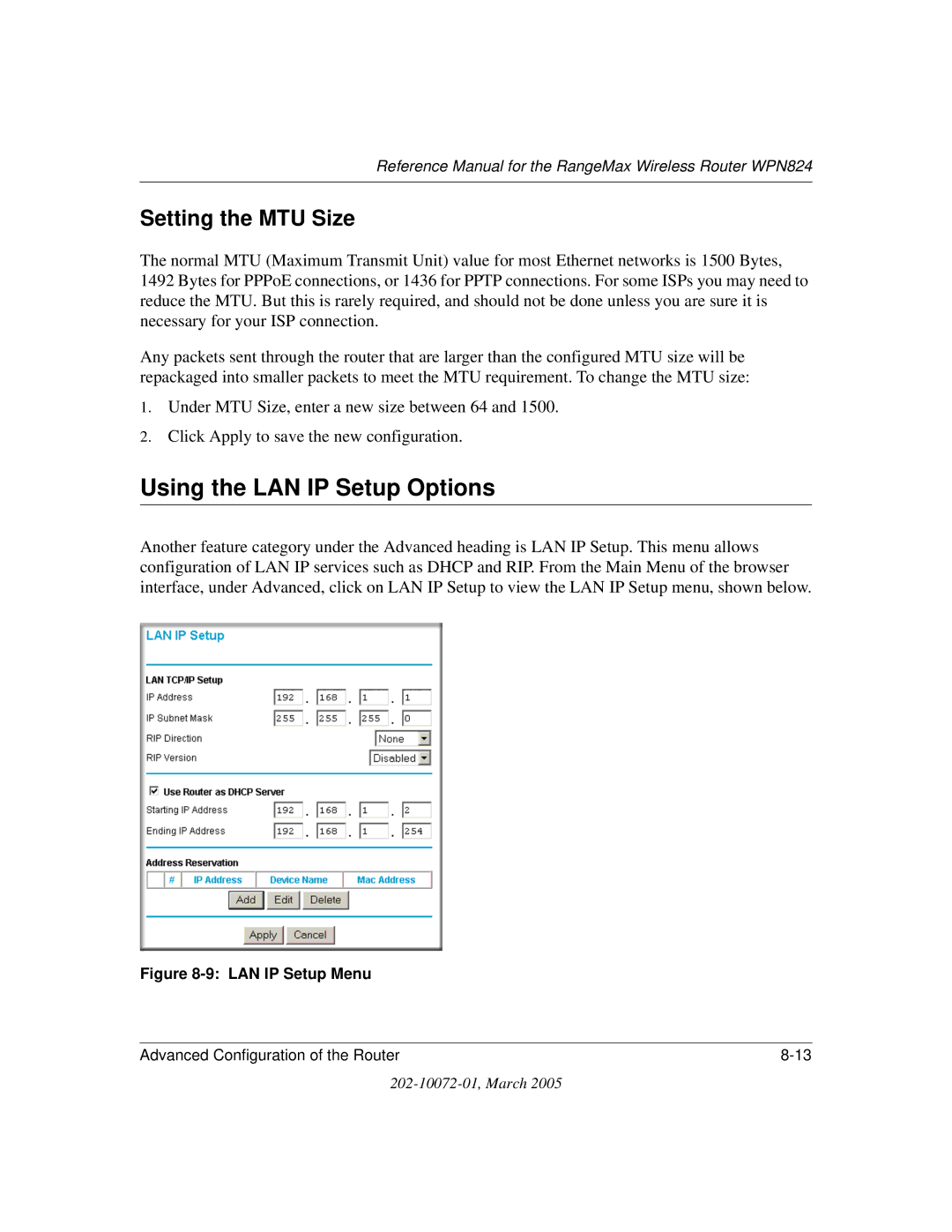 NETGEAR WPN824 manual Using the LAN IP Setup Options, Setting the MTU Size 