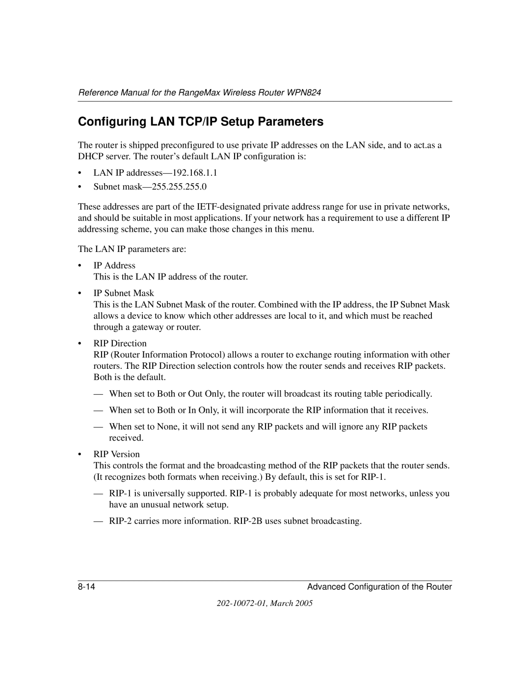 NETGEAR WPN824 manual Configuring LAN TCP/IP Setup Parameters 