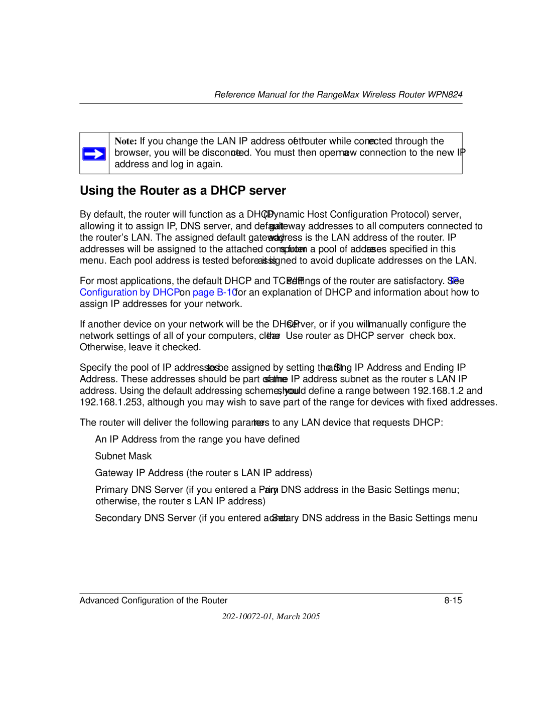 NETGEAR WPN824 manual Using the Router as a Dhcp server 