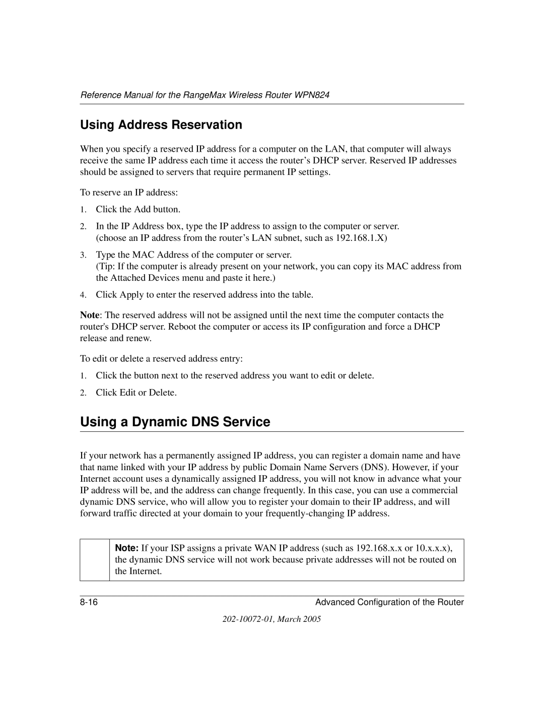 NETGEAR WPN824 manual Using a Dynamic DNS Service, Using Address Reservation 