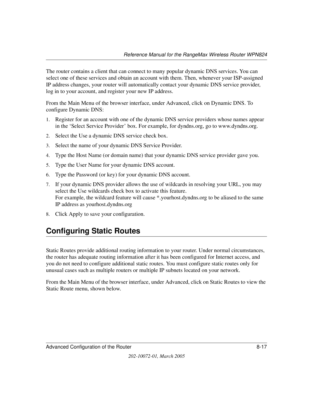 NETGEAR WPN824 manual Configuring Static Routes 