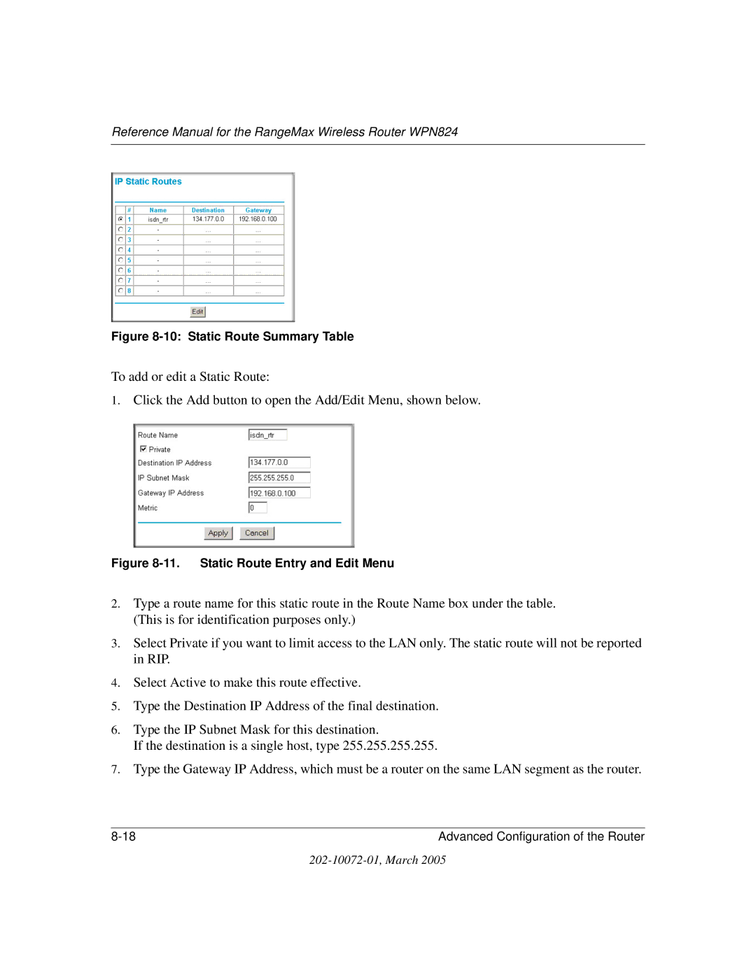 NETGEAR WPN824 manual Static Route Summary Table 