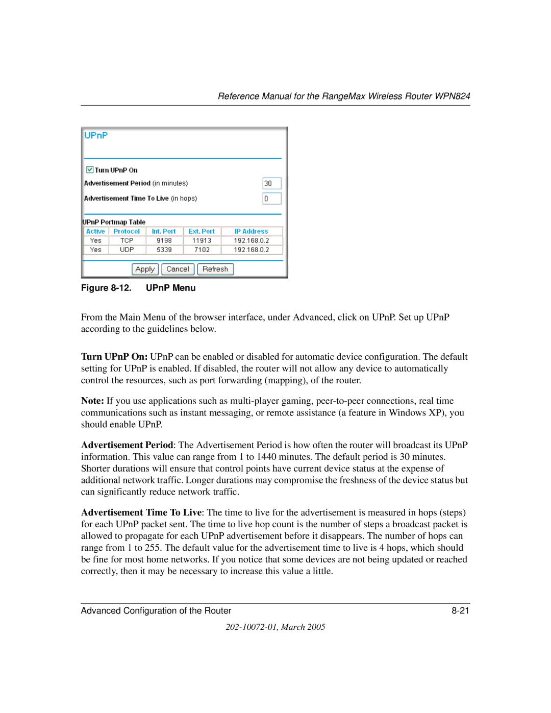 NETGEAR WPN824 manual UPnP Menu 