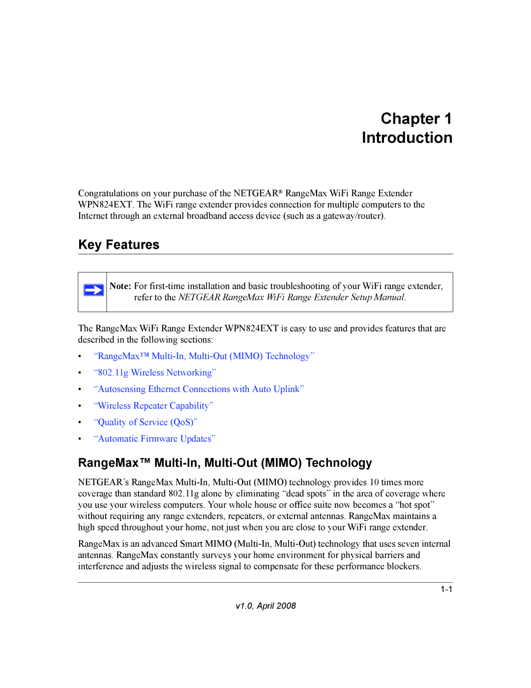 NETGEAR WPN824EXT manual Chapter Introduction, Key Features 