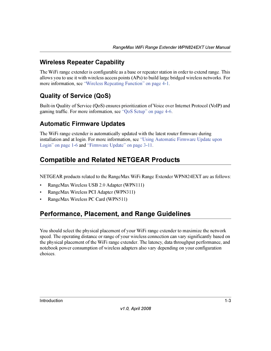 NETGEAR WPN824EXT manual Compatible and Related Netgear Products, Performance, Placement, and Range Guidelines 