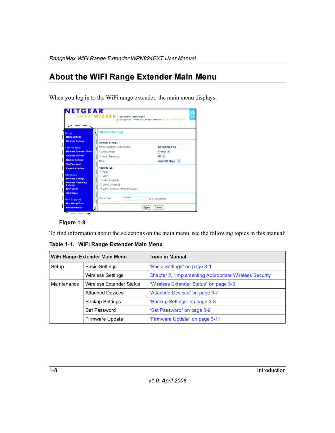 NETGEAR WPN824EXT manual About the WiFi Range Extender Main Menu 