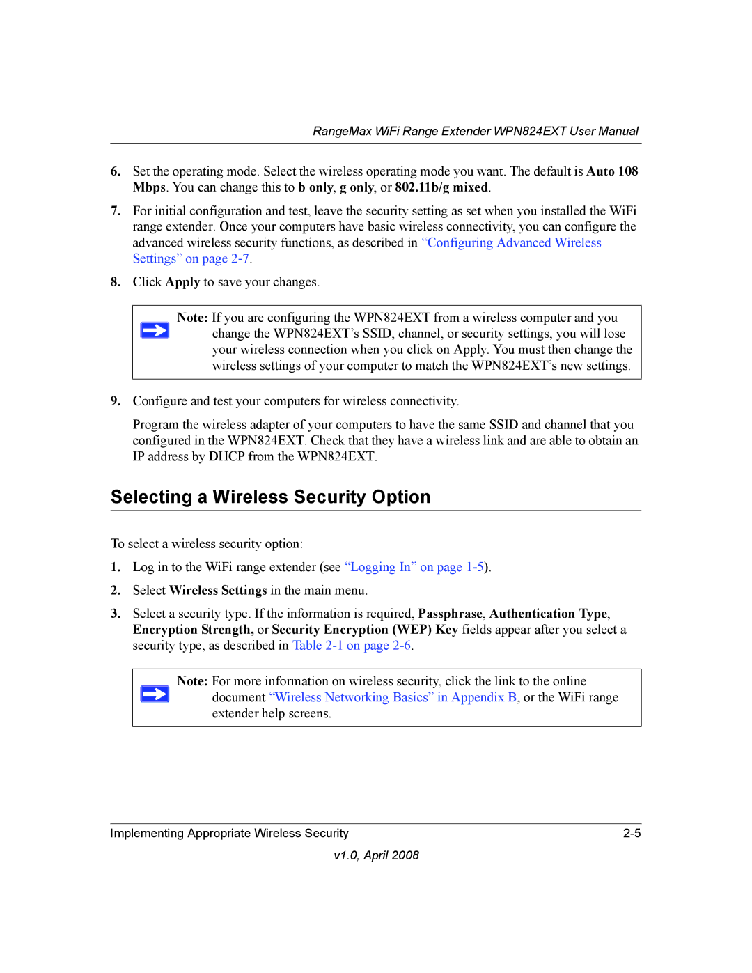 NETGEAR WPN824EXT manual Selecting a Wireless Security Option 