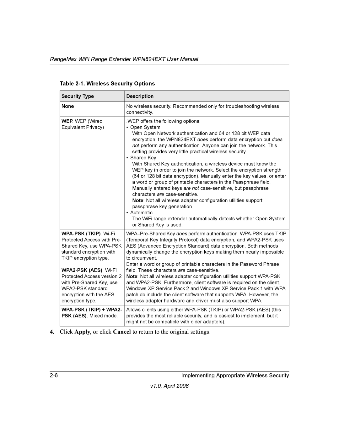 NETGEAR WPN824EXT manual Wireless Security Options, Security Type Description None 