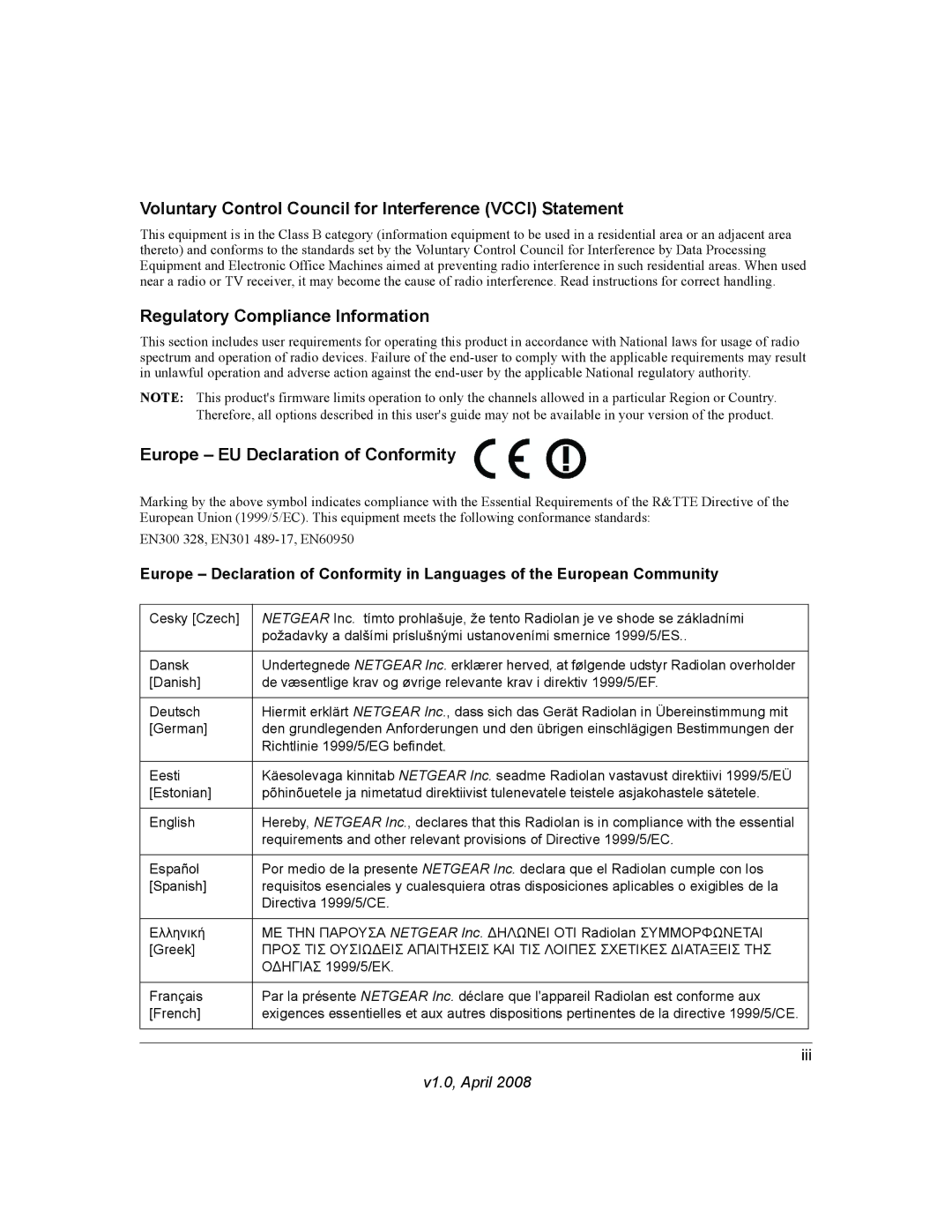 NETGEAR WPN824EXT manual Voluntary Control Council for Interference Vcci Statement, Regulatory Compliance Information 