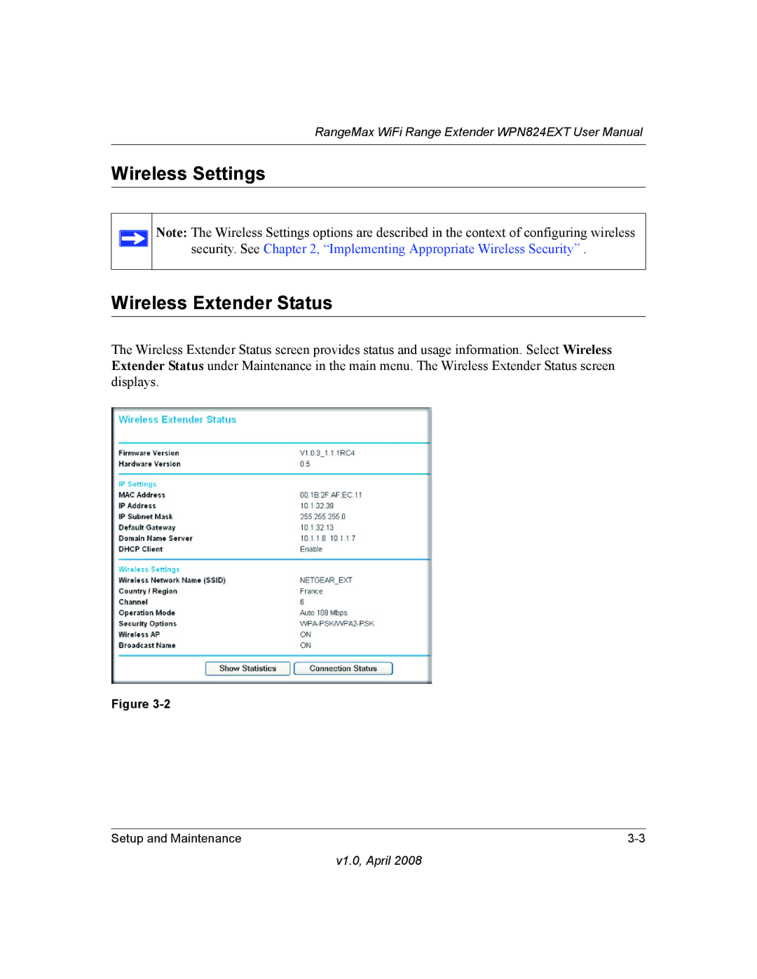 NETGEAR WPN824EXT manual Wireless Settings Wireless Extender Status 