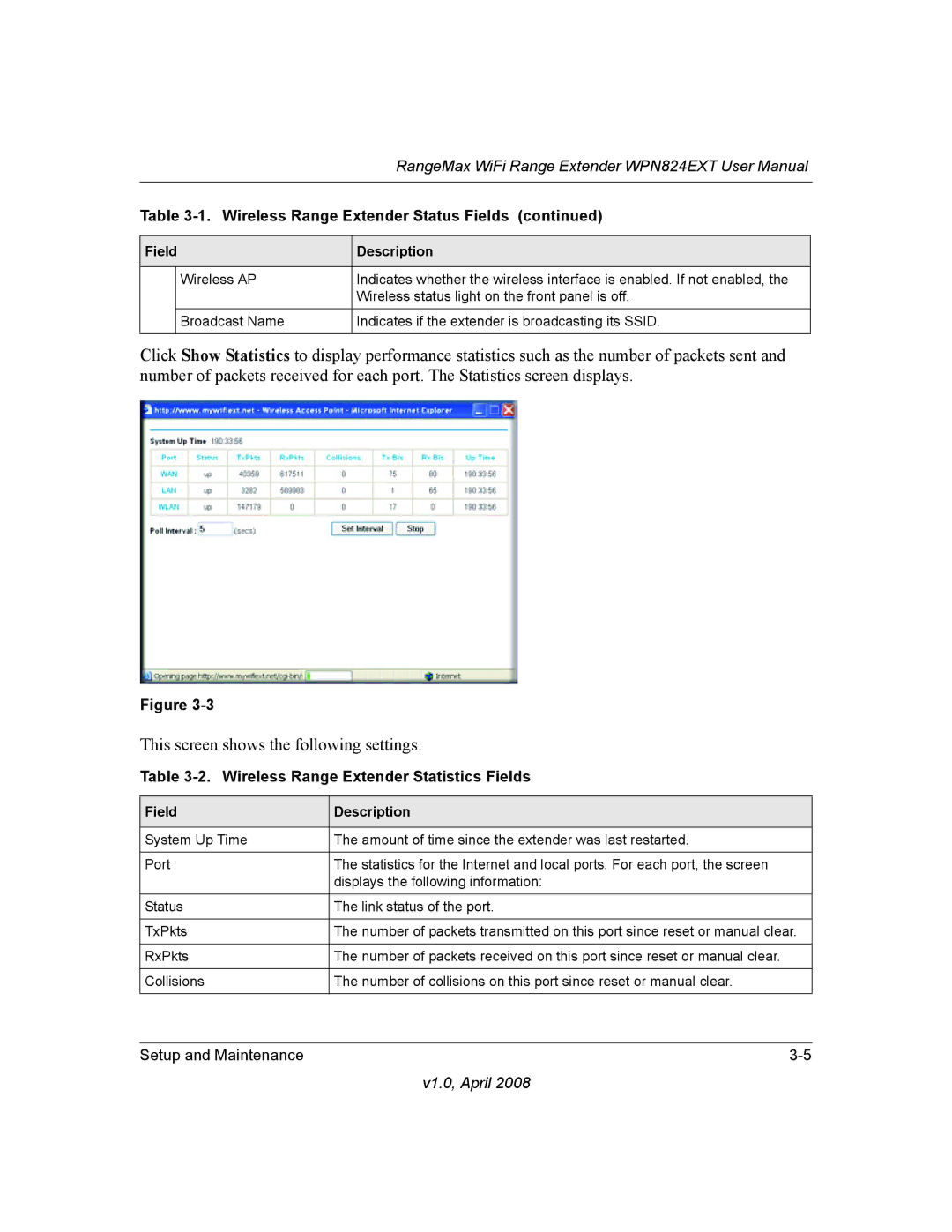 NETGEAR WPN824EXT manual Wireless Range Extender Statistics Fields 