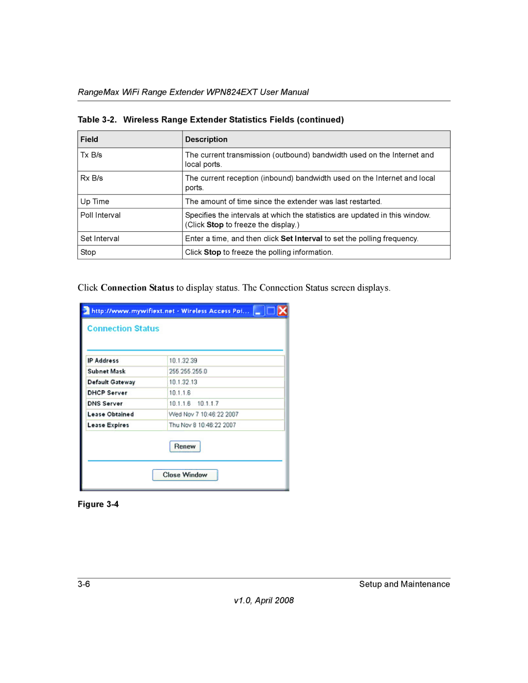 NETGEAR WPN824EXT manual Wireless Range Extender Statistics Fields 