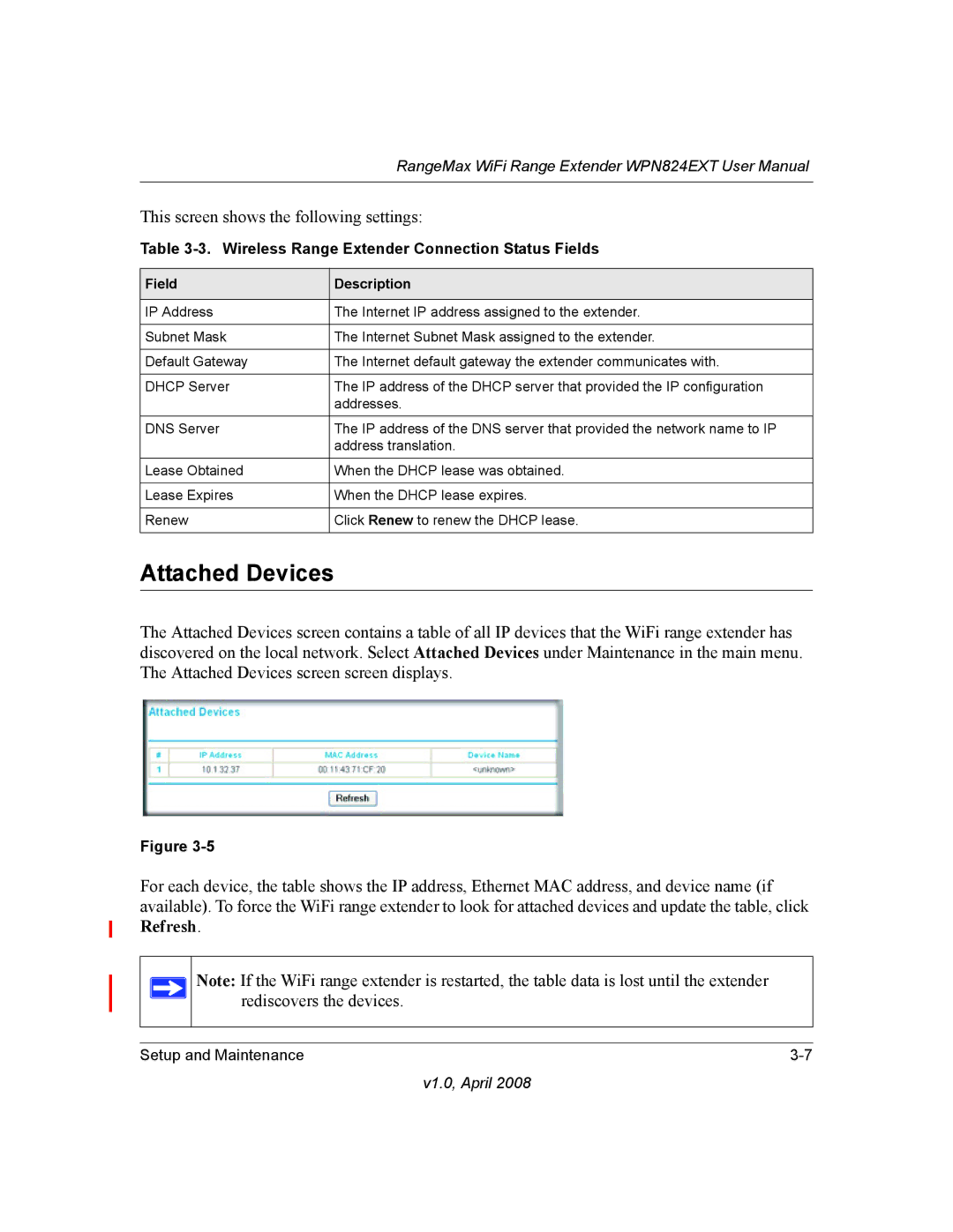 NETGEAR WPN824EXT manual Attached Devices, Wireless Range Extender Connection Status Fields 