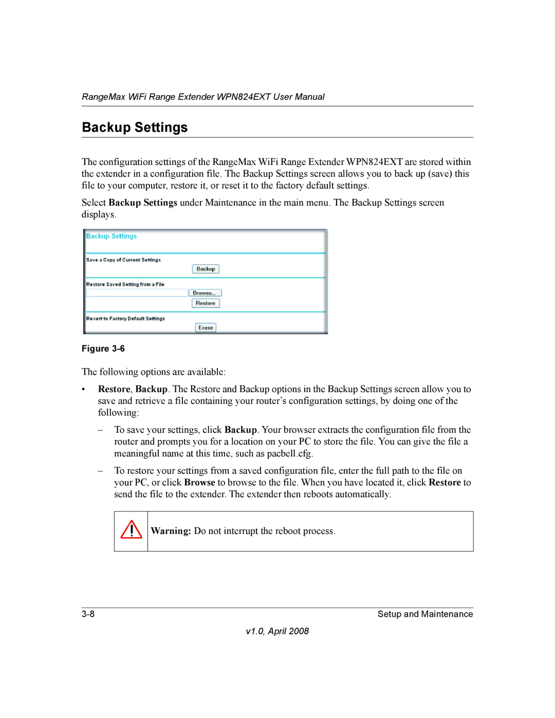 NETGEAR WPN824EXT manual Backup Settings 