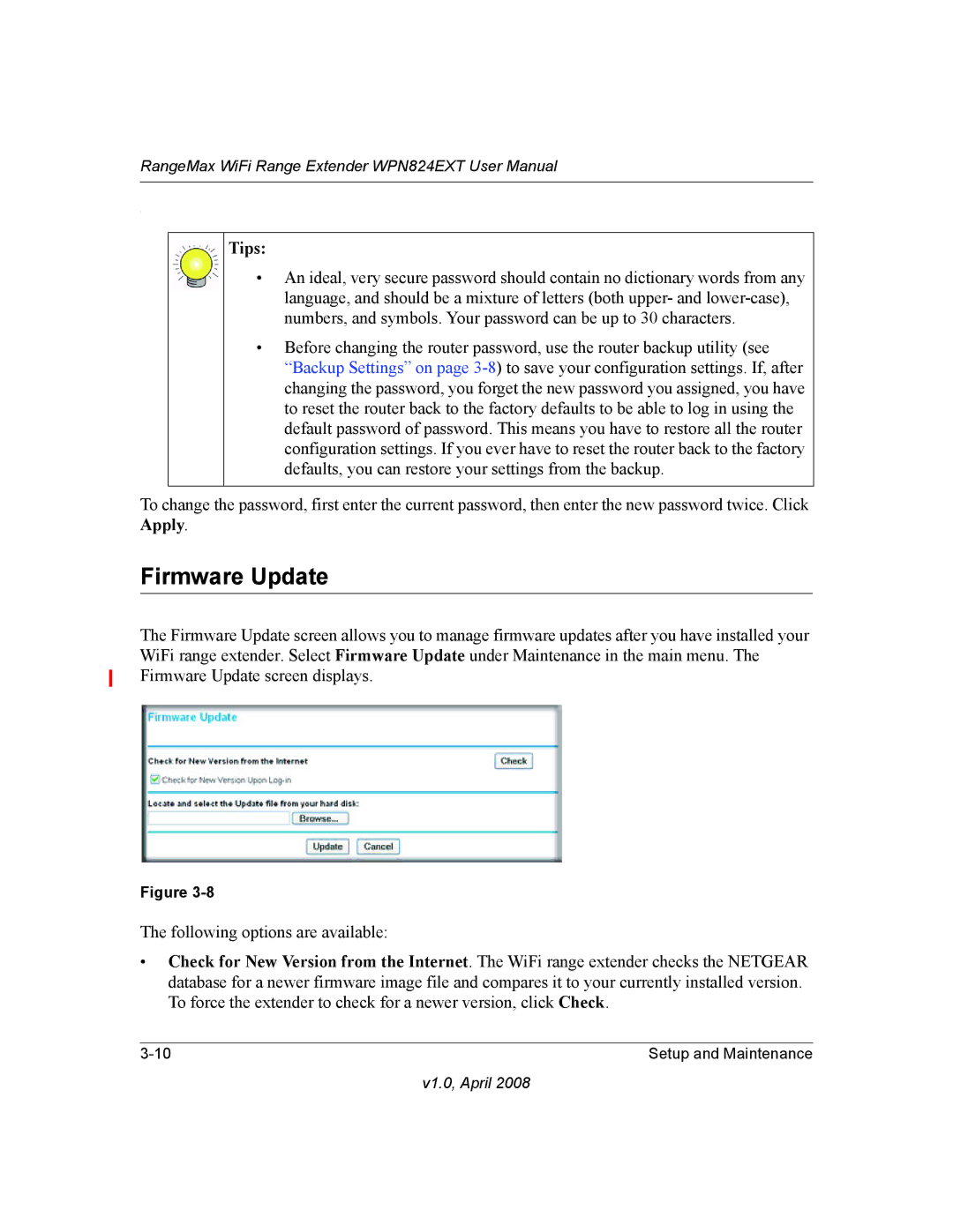 NETGEAR WPN824EXT manual Firmware Update, Tips 