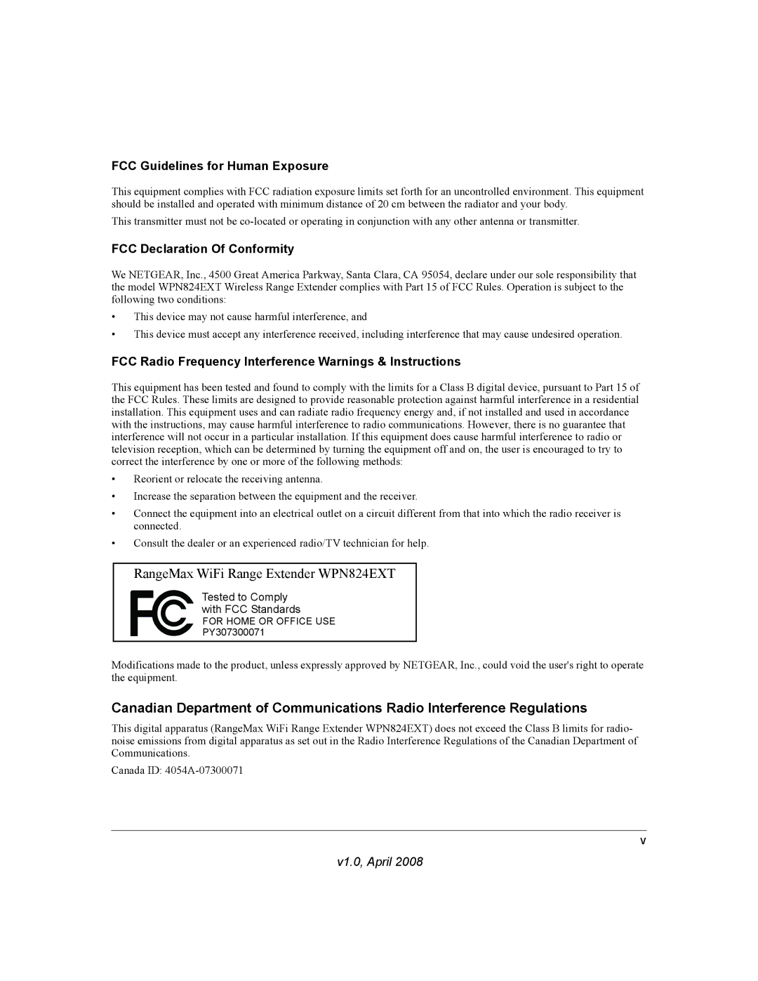 NETGEAR WPN824EXT manual FCC Guidelines for Human Exposure, FCC Declaration Of Conformity 