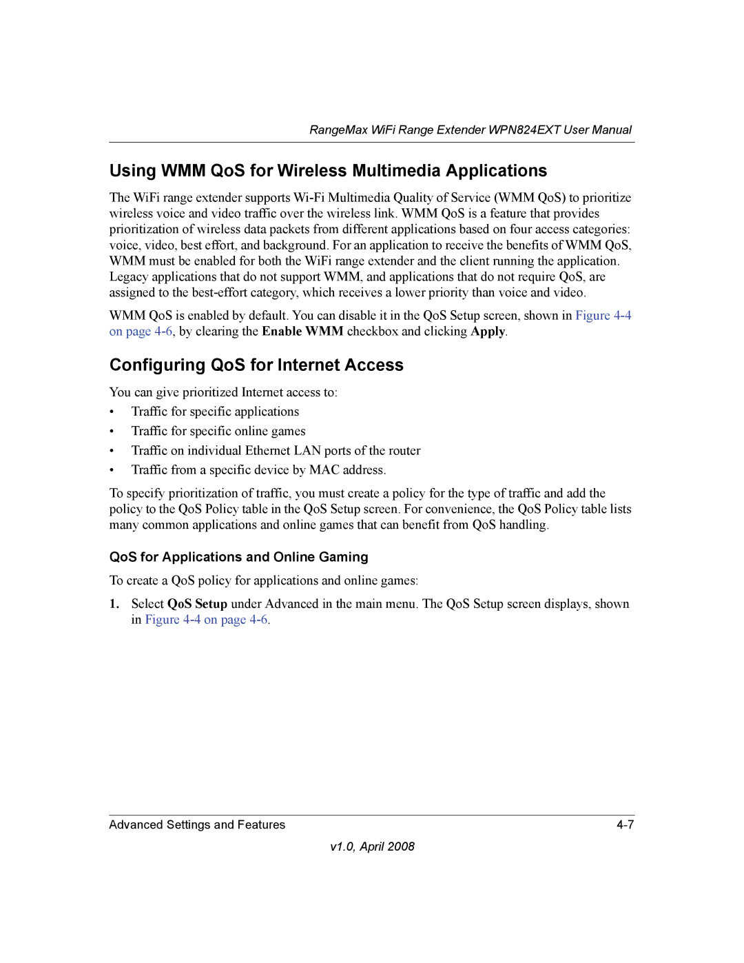 NETGEAR WPN824EXT manual Using WMM QoS for Wireless Multimedia Applications, QoS for Applications and Online Gaming 