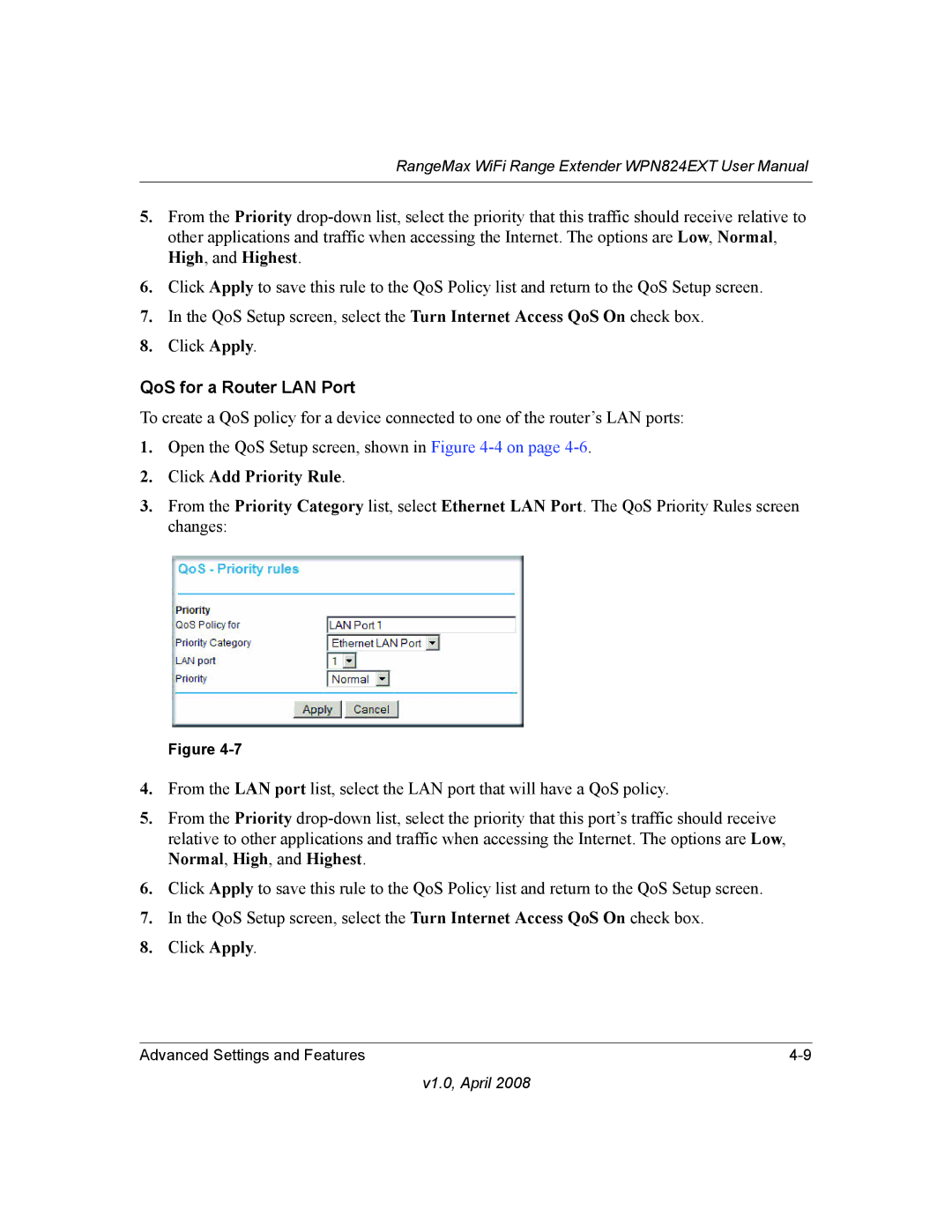 NETGEAR WPN824EXT manual QoS for a Router LAN Port, Click Add Priority Rule 