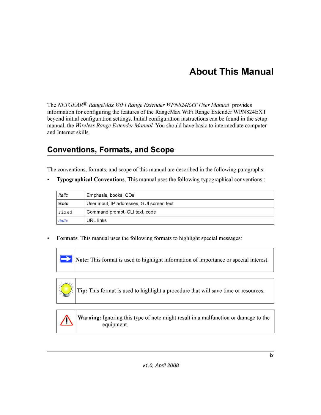 NETGEAR WPN824EXT manual About This Manual, Conventions, Formats, and Scope 