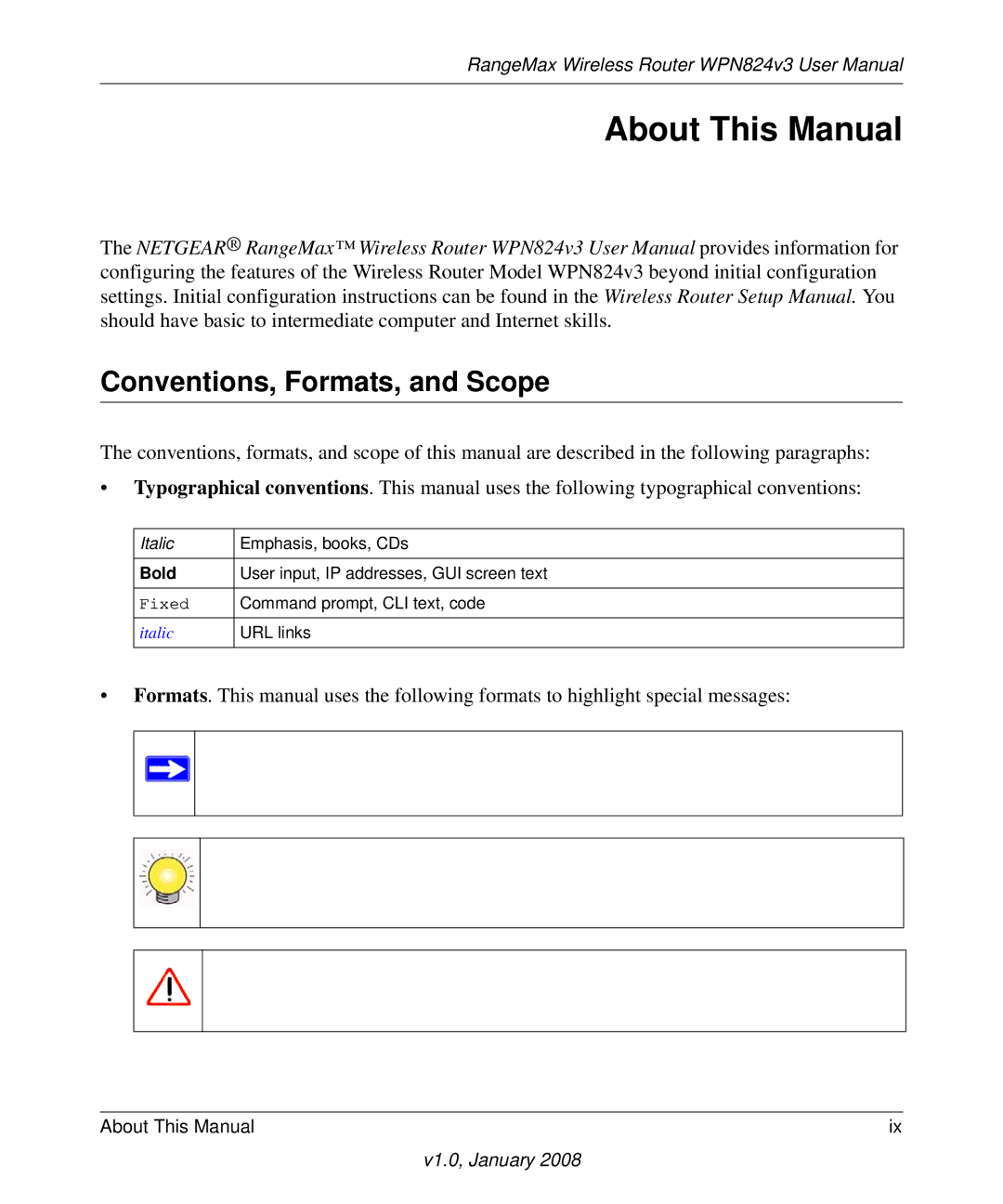 NETGEAR WPN824V3 user manual About This Manual, Conventions, Formats, and Scope 