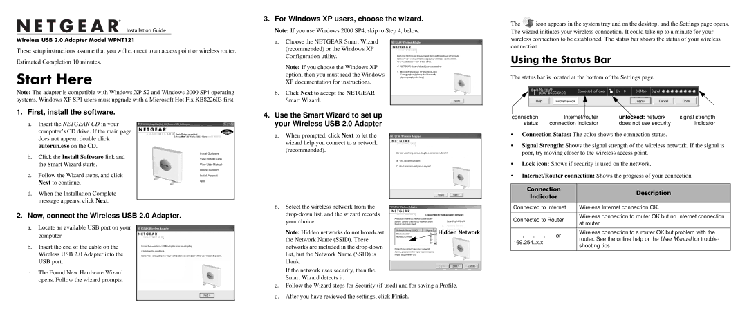 NETGEAR WPNT121 user manual Start Here, Using the Status Bar, First, install the software 