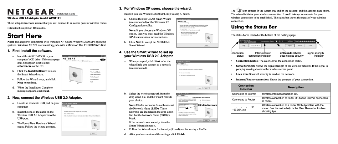 NETGEAR WPNT121 user manual Start Here, Using the Status Bar, First, install the software, Connection, Description 