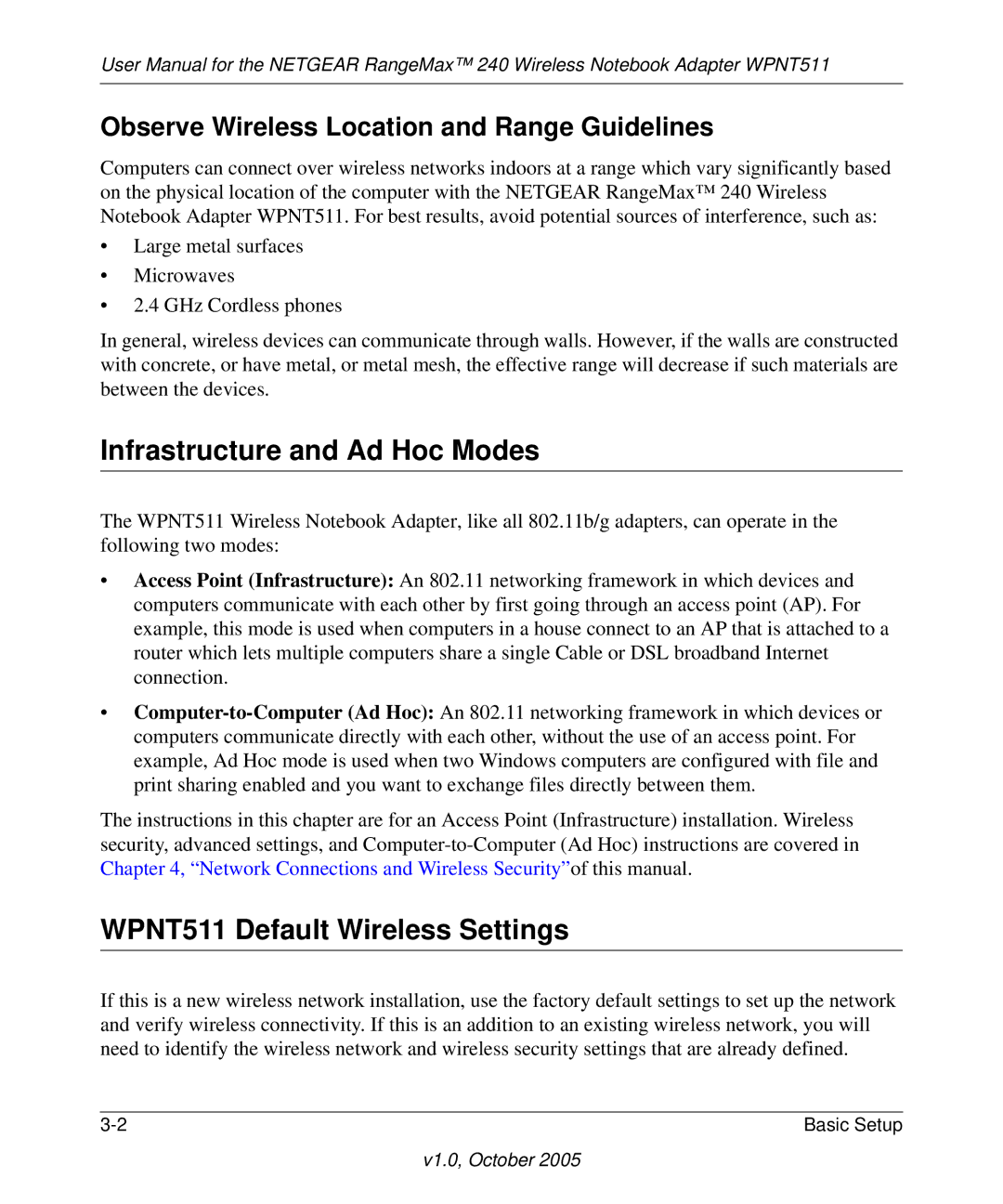 NETGEAR manual Infrastructure and Ad Hoc Modes, WPNT511 Default Wireless Settings 