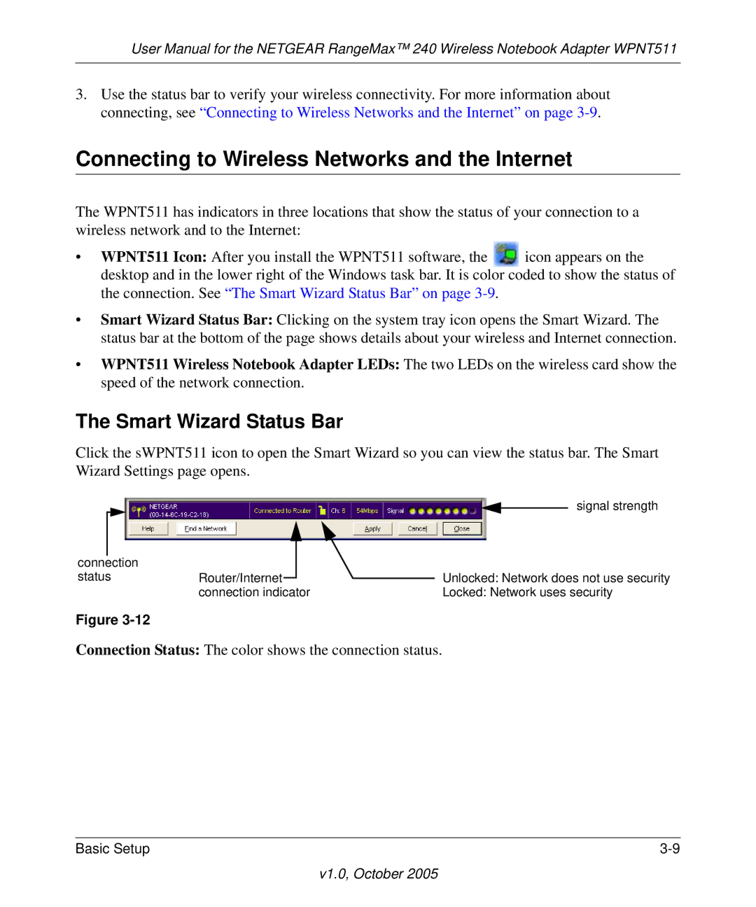 NETGEAR WPNT511 manual Connecting to Wireless Networks and the Internet, Smart Wizard Status Bar 