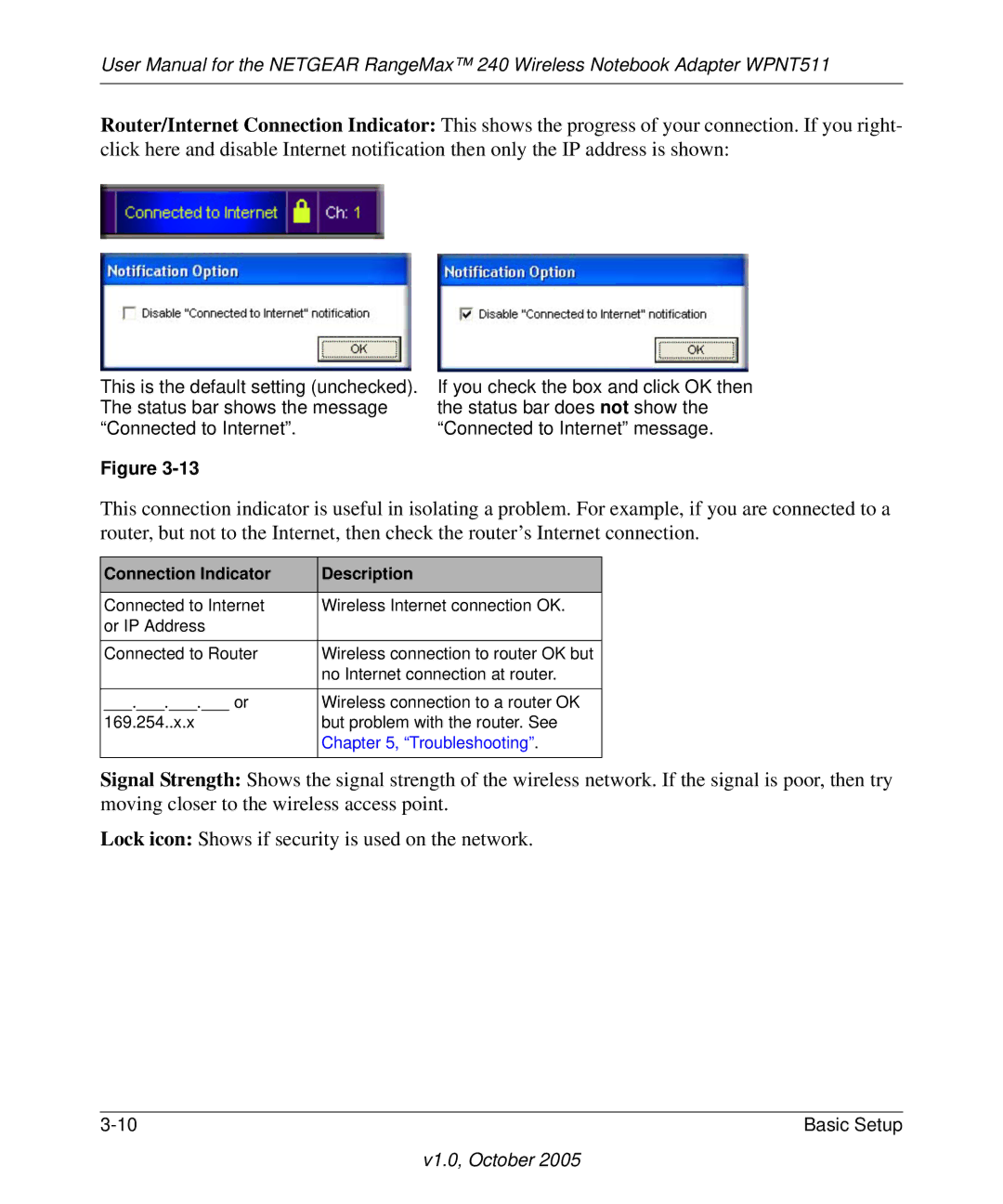 NETGEAR WPNT511 manual Connection Indicator Description 