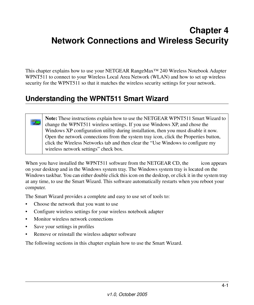 NETGEAR manual Network Connections and Wireless Security, Understanding the WPNT511 Smart Wizard 