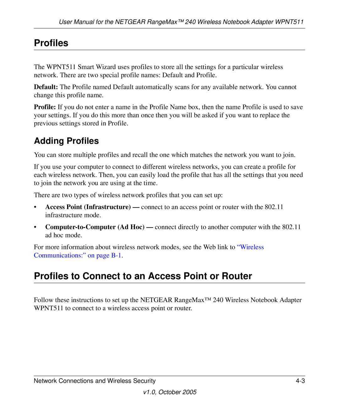 NETGEAR WPNT511 manual Profiles to Connect to an Access Point or Router, Adding Profiles 