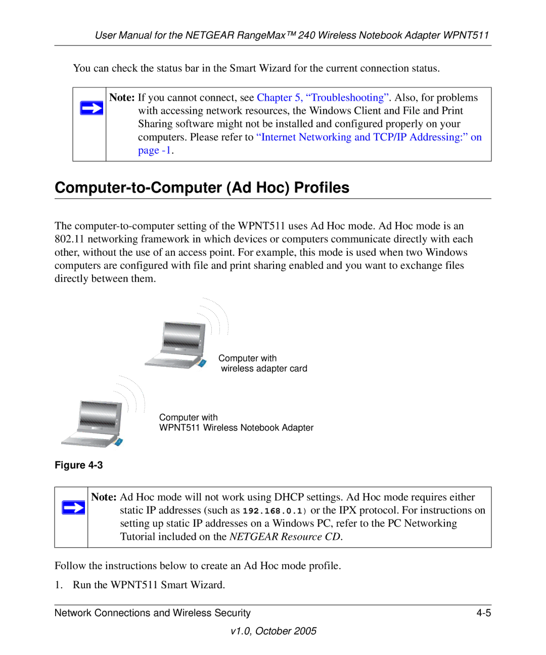 NETGEAR WPNT511 manual Computer-to-Computer Ad Hoc Profiles 