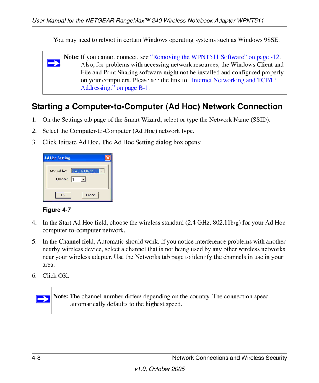 NETGEAR WPNT511 manual Starting a Computer-to-Computer Ad Hoc Network Connection 