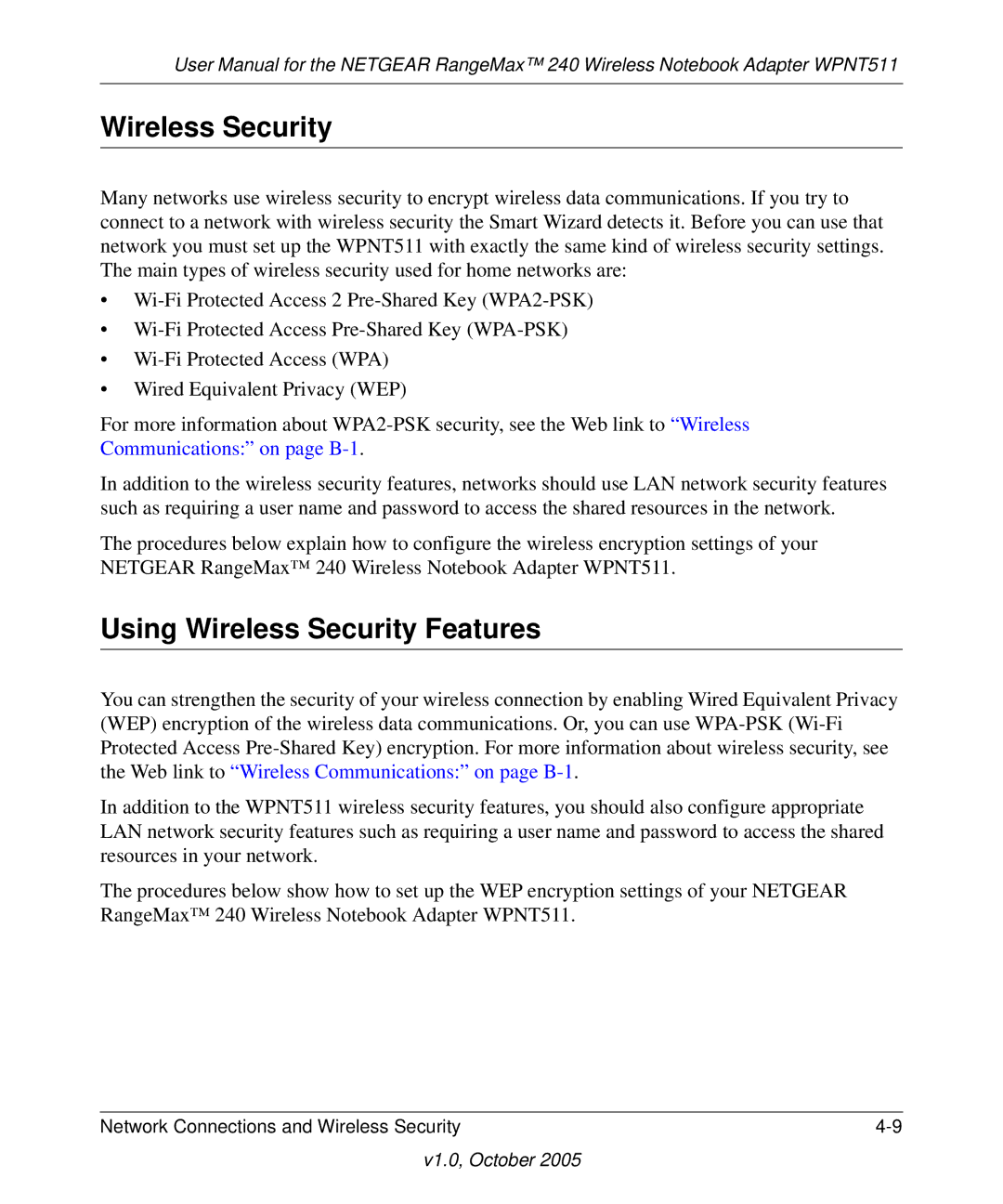 NETGEAR WPNT511 manual Using Wireless Security Features 