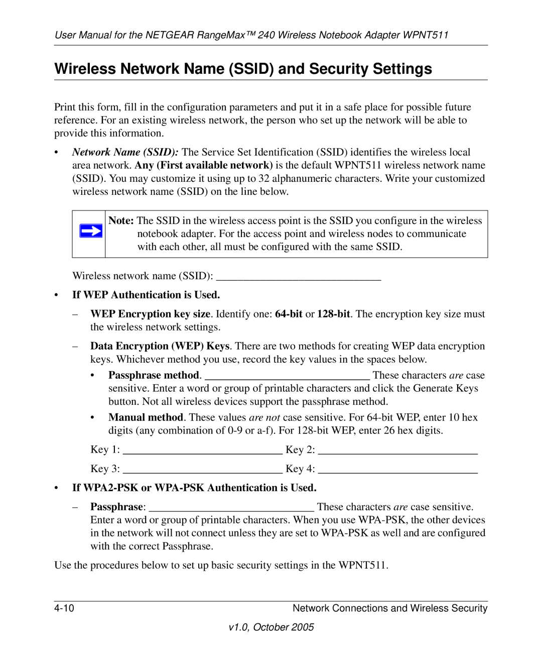 NETGEAR WPNT511 manual Wireless Network Name Ssid and Security Settings, If WEP Authentication is Used 