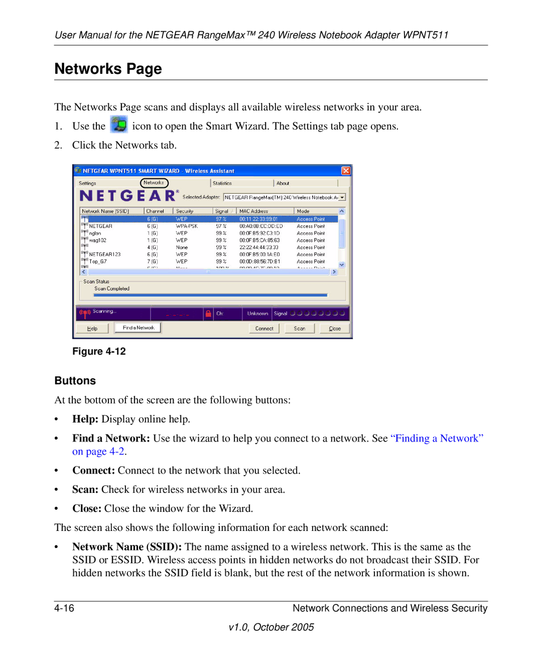 NETGEAR WPNT511 manual Networks, Buttons 