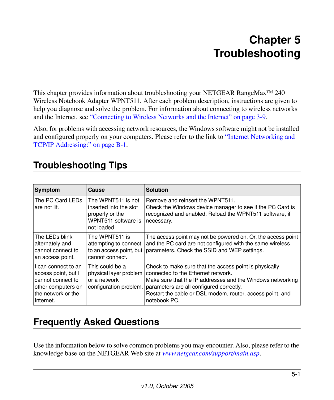 NETGEAR WPNT511 manual Chapter Troubleshooting, Troubleshooting Tips, Frequently Asked Questions 