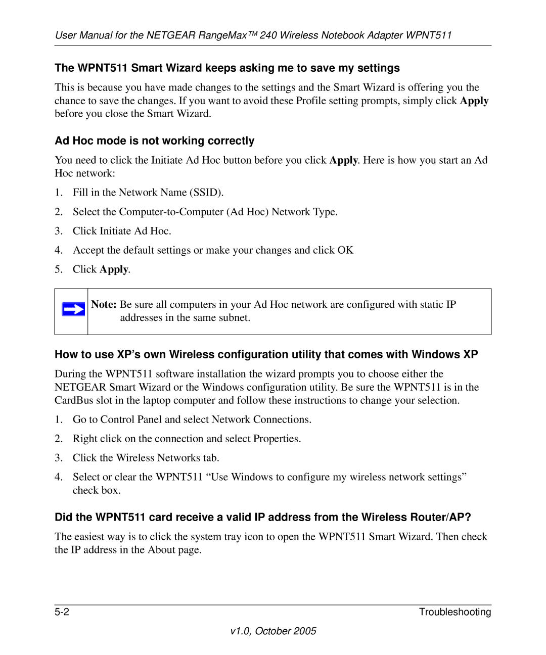 NETGEAR manual WPNT511 Smart Wizard keeps asking me to save my settings 