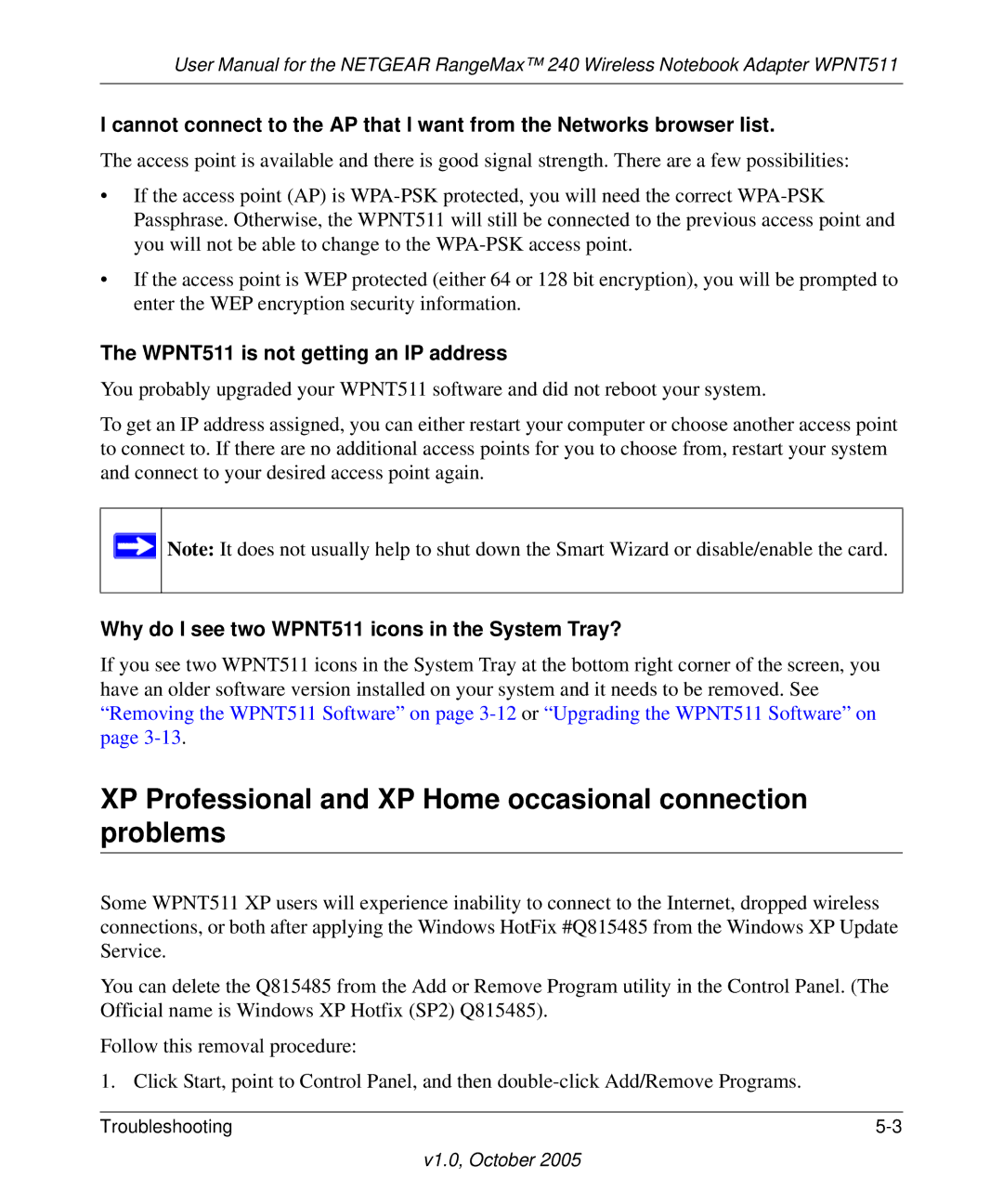 NETGEAR manual XP Professional and XP Home occasional connection problems, WPNT511 is not getting an IP address 