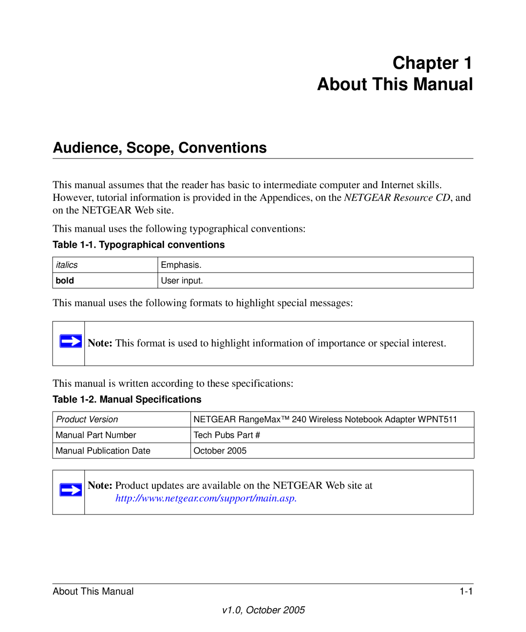 NETGEAR WPNT511 manual Chapter About This Manual, Audience, Scope, Conventions 