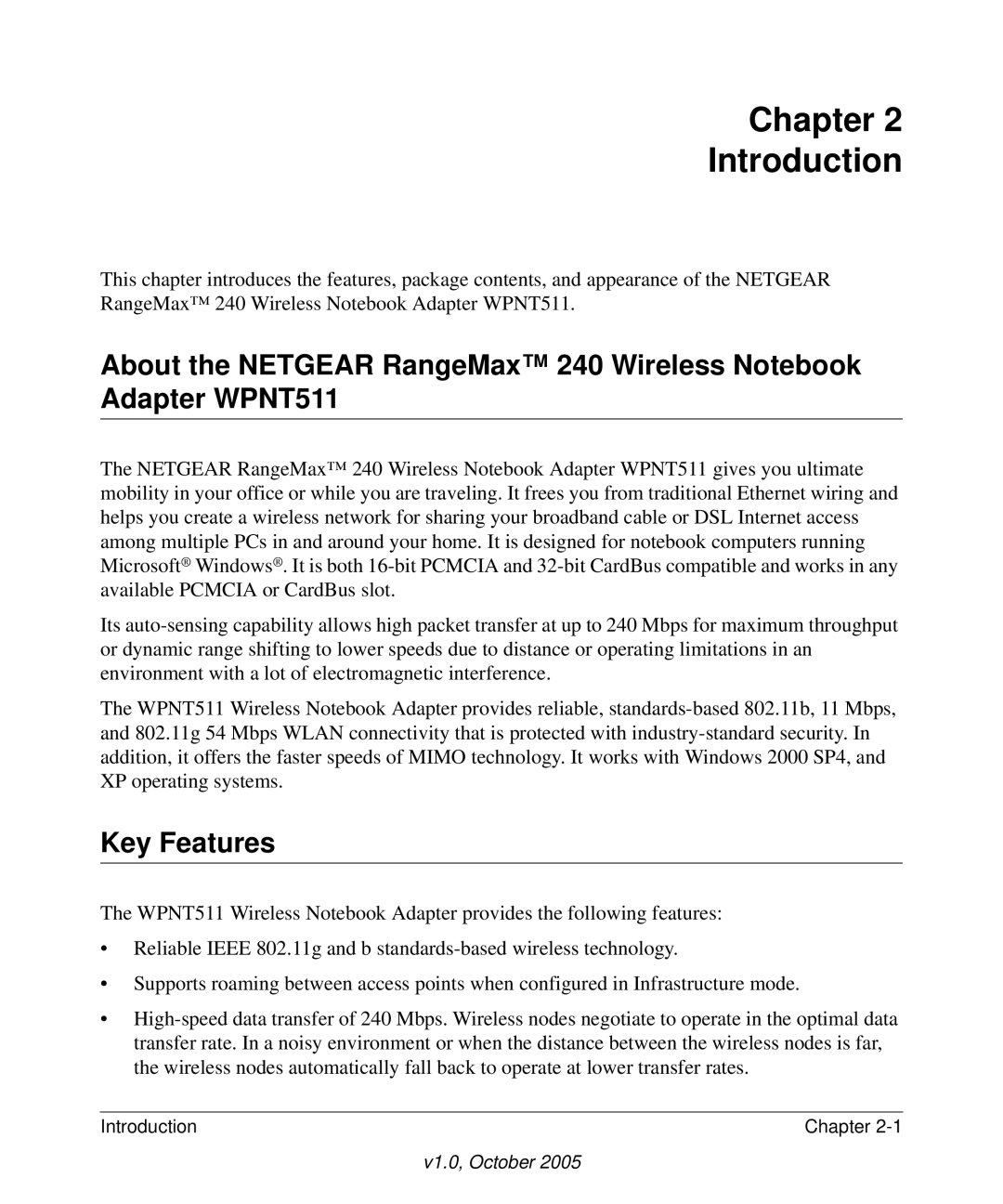 NETGEAR WPNT511 manual Chapter Introduction, Key Features 