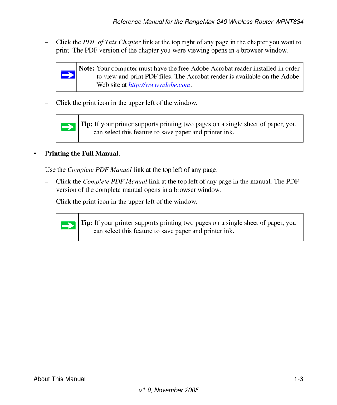 NETGEAR WPNT834 manual Printing the Full Manual 